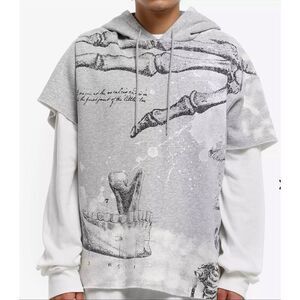 Hot Topic Anatomy Grey & White Twofer Thermal Hoodie Gray Large Nwot